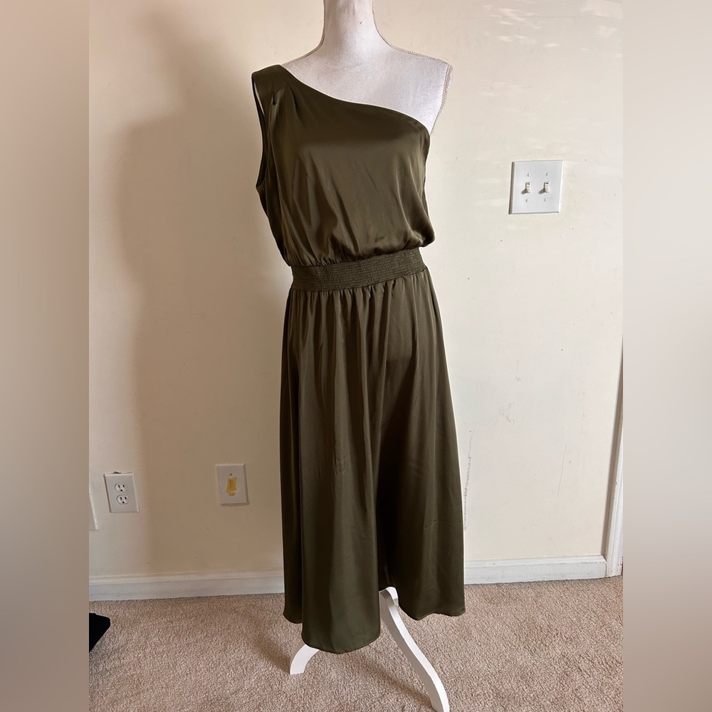 New! NICOLE MILLER NEW YORK Satin Tie One Shoulder Midi Dress Olive Green Size L